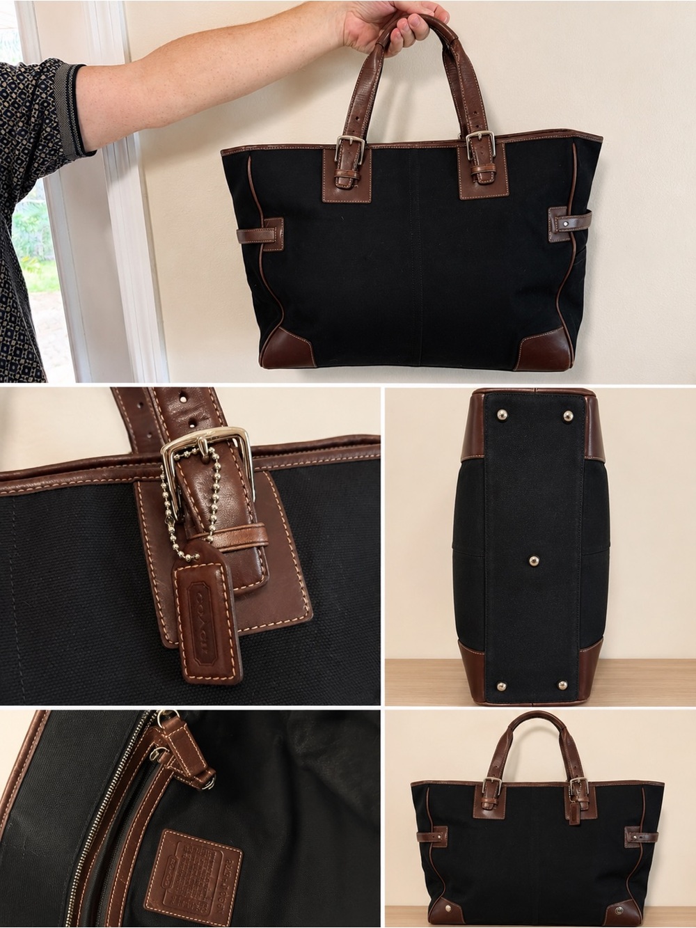 Coach Black Canvas Brown Leather Large Travel Tote Bag 17” - Picture 2 of 4